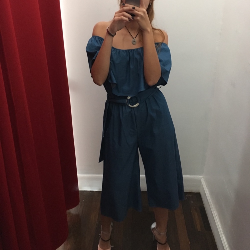 Off the shoulder denim jumpsuit. Clearance sale